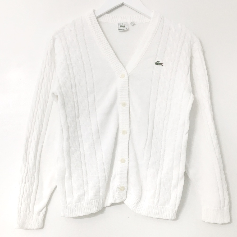 Lacoste White Cable Knit Button Cardigan Sweater
